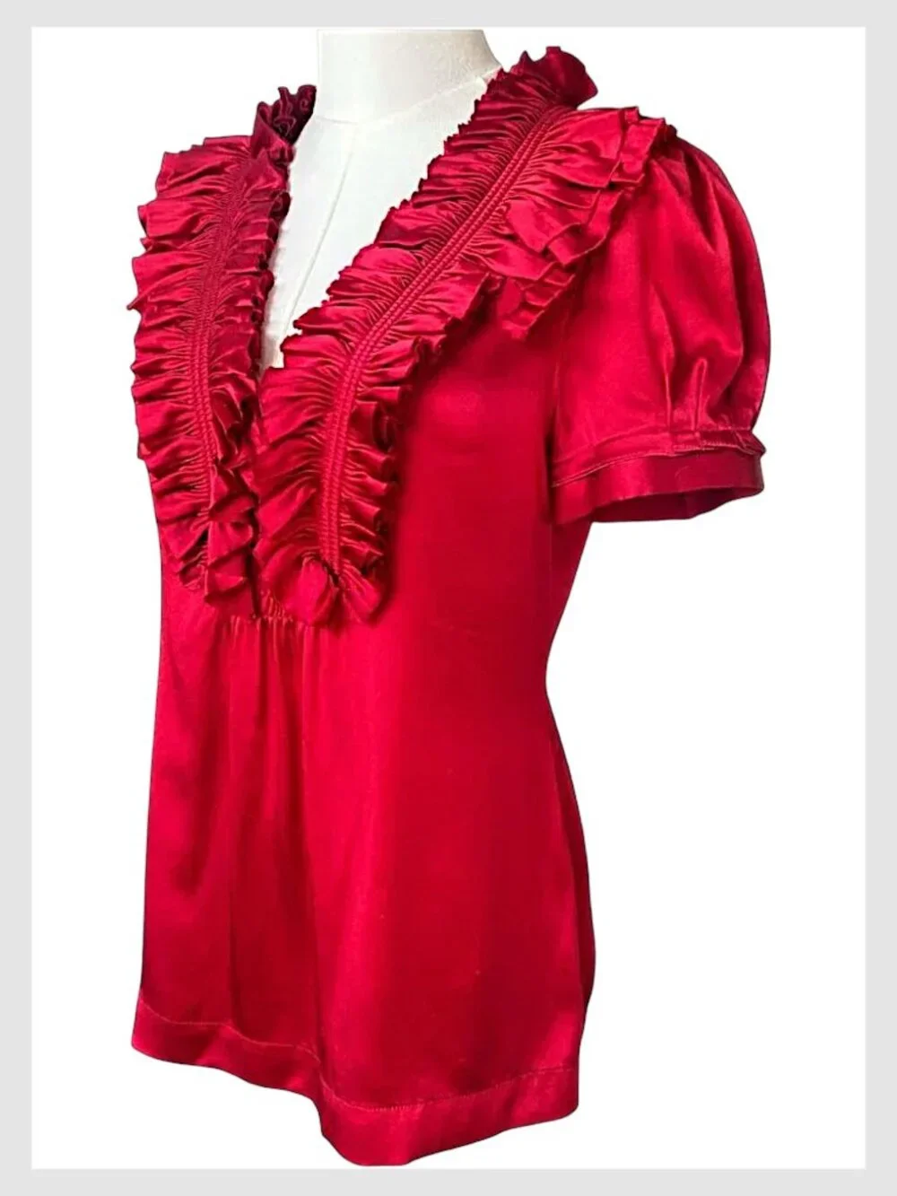 BCBG Max Azria Silk Ruffle V-Neck Blouse Red XS